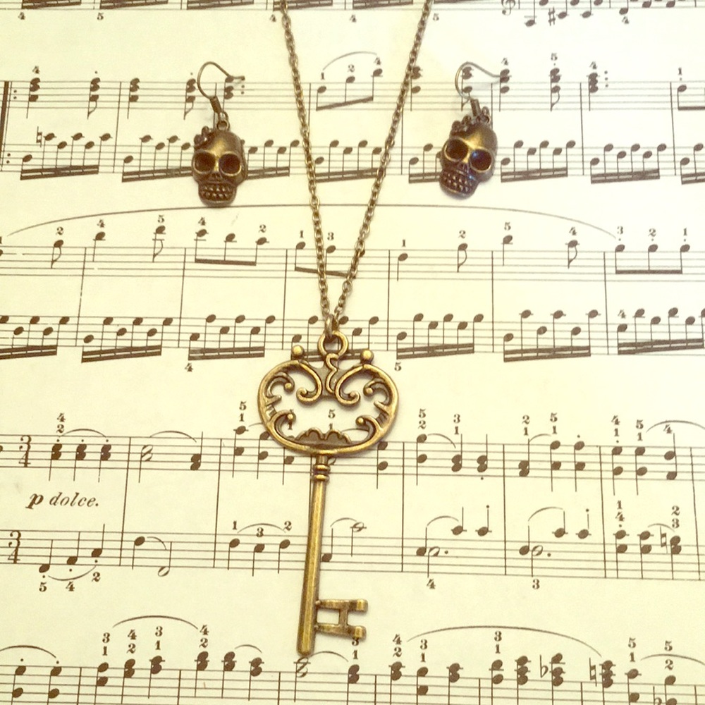 Antique skeleton key and sugar skull earrings